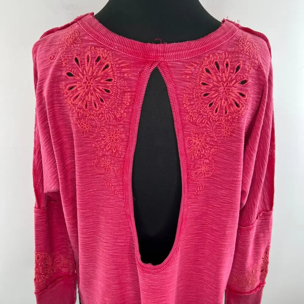 Free People Intimately Pink Long Sleeve Eyelet Back Cut-Out Cotton Top Size XS